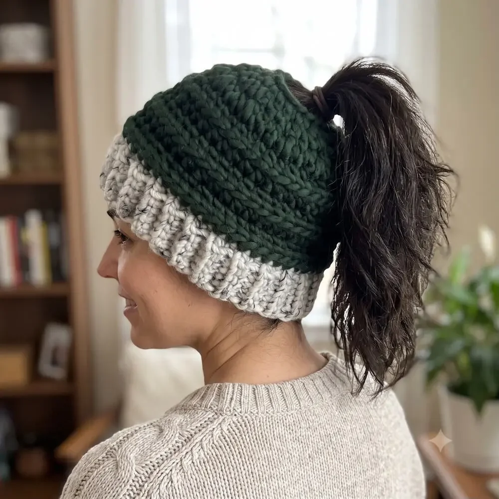Dark Green Light Gray Handmade Crochet Ponytail Hat Messy Bun Beanie